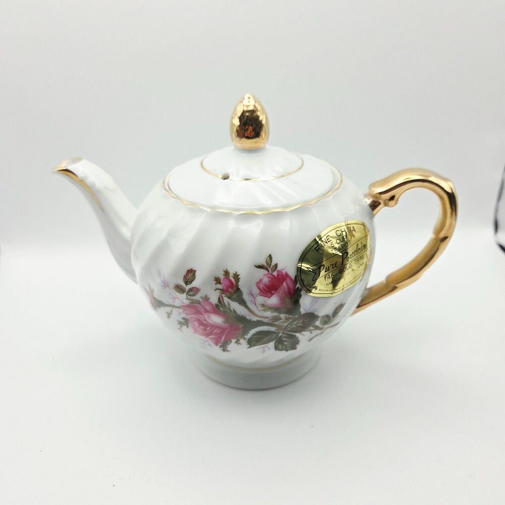 Vintage Japanese Moss Rose 15-Piece Porcelain Tea Set 14K Gold Trim Floral - Picture 10 of 12